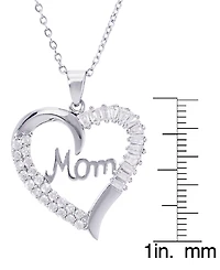 Cubic Zirconia Mom Heart Pendant 18" Necklace in Silver Plate