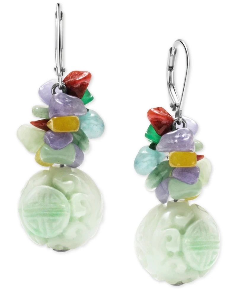 Dyed Jade Carved Bead & Dyed Multicolor Jade Chip Drop Earrings in Sterling Silver