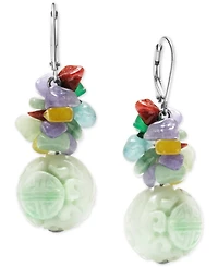 Dyed Jade Carved Bead & Dyed Multicolor Jade Chip Drop Earrings in Sterling Silver