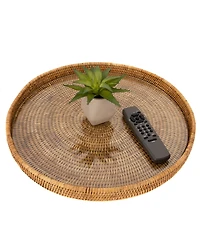 Artifacts Trading Company Rattan Round Serving-Ottoman Tray with Glass Insert