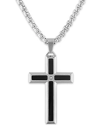 Men's Diamond Accent Black Enamel Cross 24" Pendant in Stainless Steel