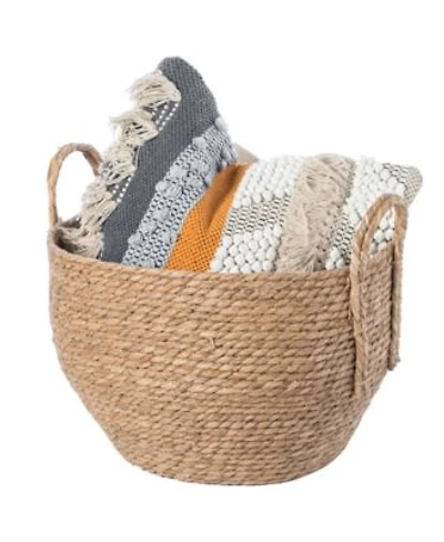 Wickerwise Decorative Round Wicker Woven Rope Storage Blanket Basket with Braided Handles