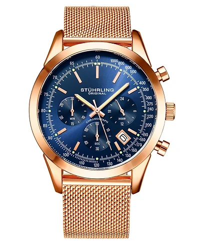 Men's Quartz Chronograph Date Rose Gold-Tone Stainless Steel Mesh Bracelet Watch 44mm