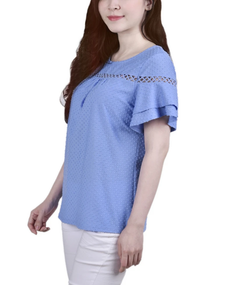 Ny Collection Petite Short Double Flutter Sleeve Swiss Dot Top