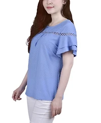 Ny Collection Petite Short Double Flutter Sleeve Swiss Dot Top