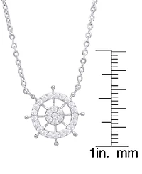 Cubic Zirconia Ship Wheel Pendant 18" Necklace in Silver Plate
