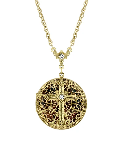 14K Gold Dipped Crystal Cross Round Locket Necklace