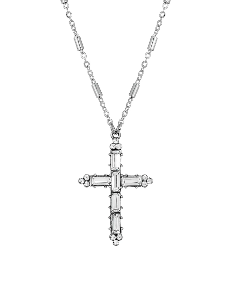 Pewter Crystal Cross Silver-Tone Chain Necklace