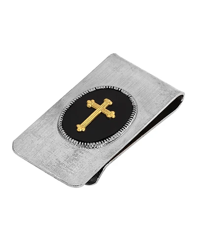 Men's Silver-Tone Black Enamel Gold-Tone Cross Money Clip