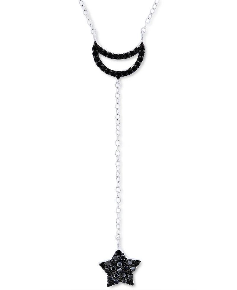 Black Spinel Moon & Star Lariat Necklace in Sterling Silver, 16" + 2" extender