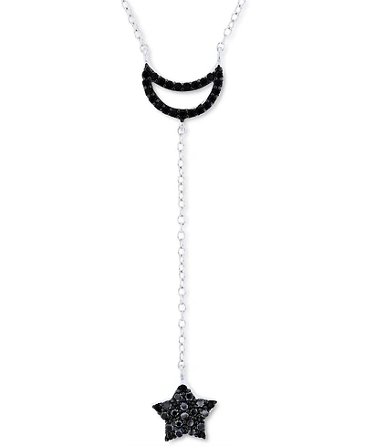 Black Spinel Moon & Star Lariat Necklace in Sterling Silver, 16" + 2" extender