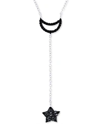 Black Spinel Moon & Star Lariat Necklace in Sterling Silver, 16" + 2" extender