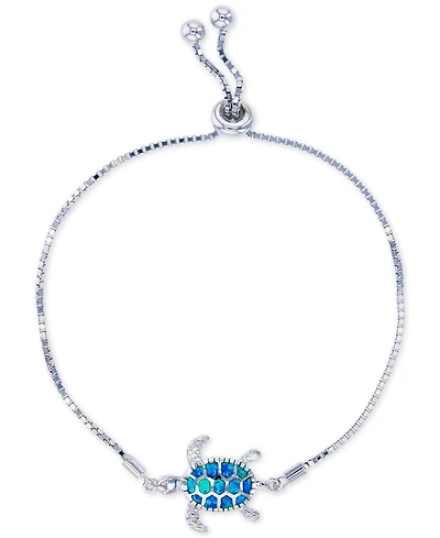 Lab-Created Blue Opal Turtle Bolo Bracelet in Sterling Silver