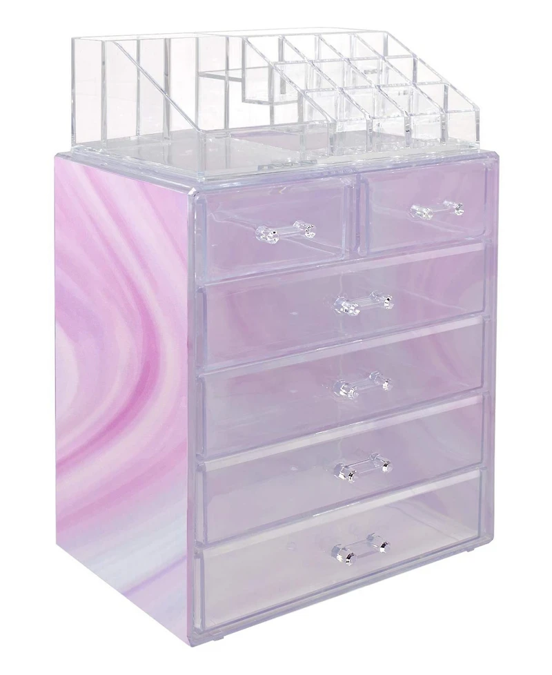 Sorbus 2 Piece Acrylic Makeup and Jewelry Storage Organizer Case (6 Drawers and Lipstick Tray) - Tie Dye Pink