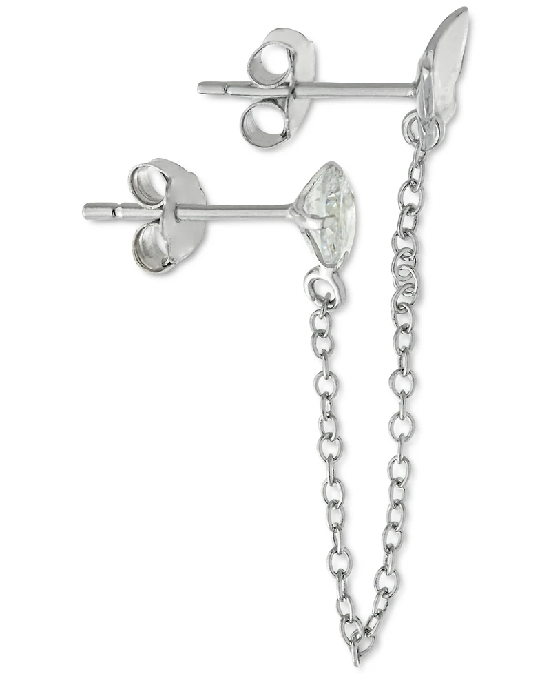 Cubic Zirconia Butterfly Double Piercing Chain Earrings in Sterling Silver