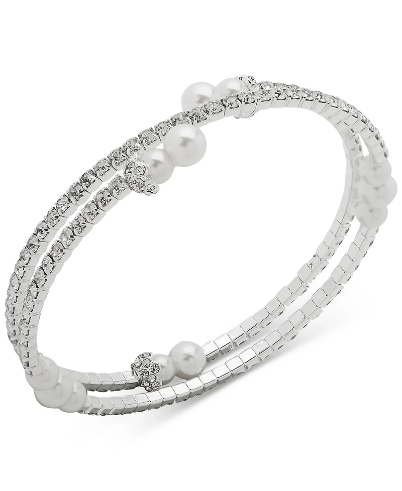 Anne Klein Silver-Tone Imitation Pearl & Crystal Coil Bracelet
