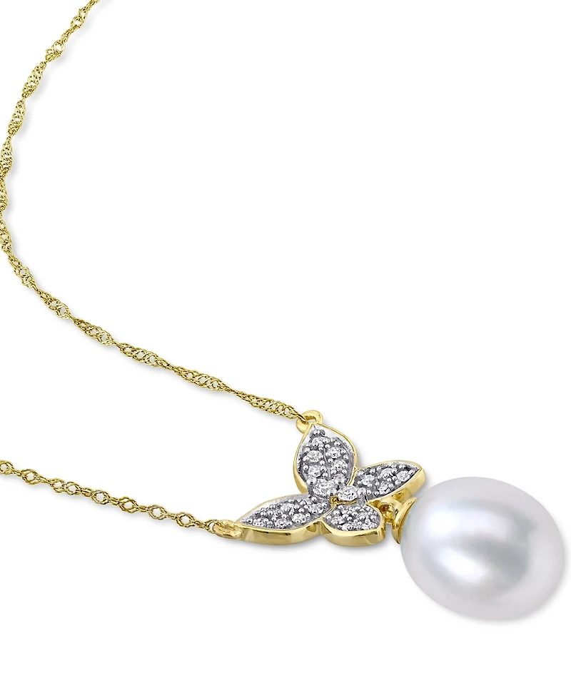 Cultured Freshwater Pearl (9mm) & Diamond (1/5 ct. t.w.) Butterfly 17" Pendant Necklace in 10k Gold