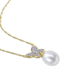 Cultured Freshwater Pearl (9mm) & Diamond (1/5 ct. t.w.) Butterfly 17" Pendant Necklace in 10k Gold