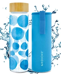 Grosche Venice Glass Water Bottle with Bamboo Lid and Protective Sleeve, 22.6 fl oz Capacity