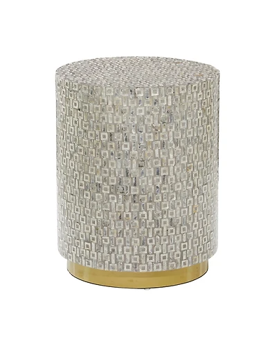 Rosemary Lane Mother of Pearl Drum Accent Table with Linear Mosaic Pattern and Gold Base