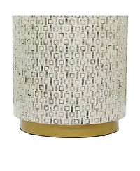 Rosemary Lane Mother of Pearl Drum Accent Table with Linear Mosaic Pattern and Gold Base