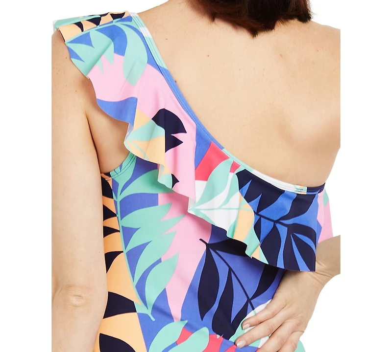 Motherhood Maternity Beach Bump Ruffle-Front One-Shoulder Maternity Upf 50+ Swimsuit