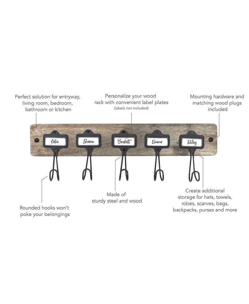 Spectrum Vintage-Inspired Living Wall Mount 5 A-Hook with Nameplates
