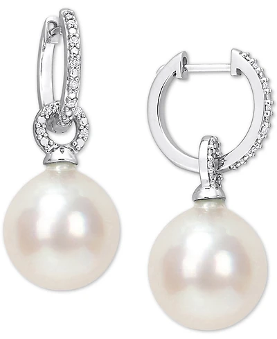 Cultured South Sea Pearl (12mm) & Diamond (1/10 ct. t.w.) Huggie Hoop Earrings in 14k White Gold