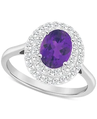 Rhodolite Garnet (1-1/2 ct. t.w.) & White Topaz (3/8 Oval Halo Ring Sterling Silver (Also Citrine, Blue Topaz, Amethyst, Peridot)