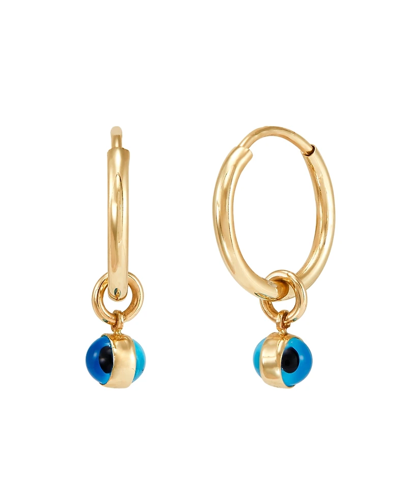 Evil Eye Glass Bead Dangle Hoop Earrings in 10k Gold