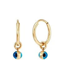 Evil Eye Glass Bead Dangle Hoop Earrings in 10k Gold