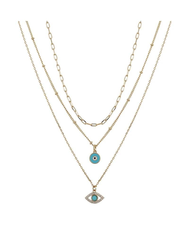 Silver Plated 3-Pieces Turquoise Crystal Evil Eye Layered Pendant Necklace Set
