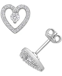 White Topaz (1/3 ct. t.w.) & Diamond (1/5 ct. t.w.) Open Heart Stud Earrings in Sterling Silver