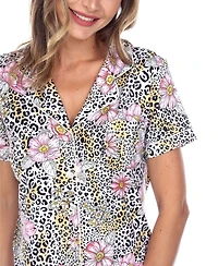 White Mark Women's Short Sleeve Pants Tropical Pajama Set, 2-Piece