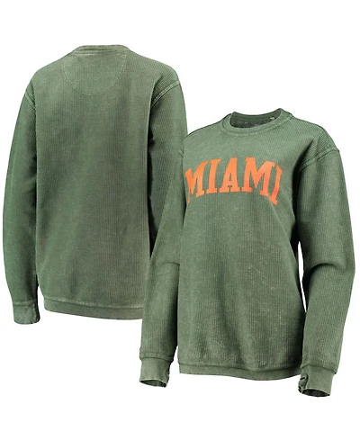 Women's Green Miami Hurricanes Comfy Cord Vintage-Like Wash Basic Arch Pullover Sweatshirt