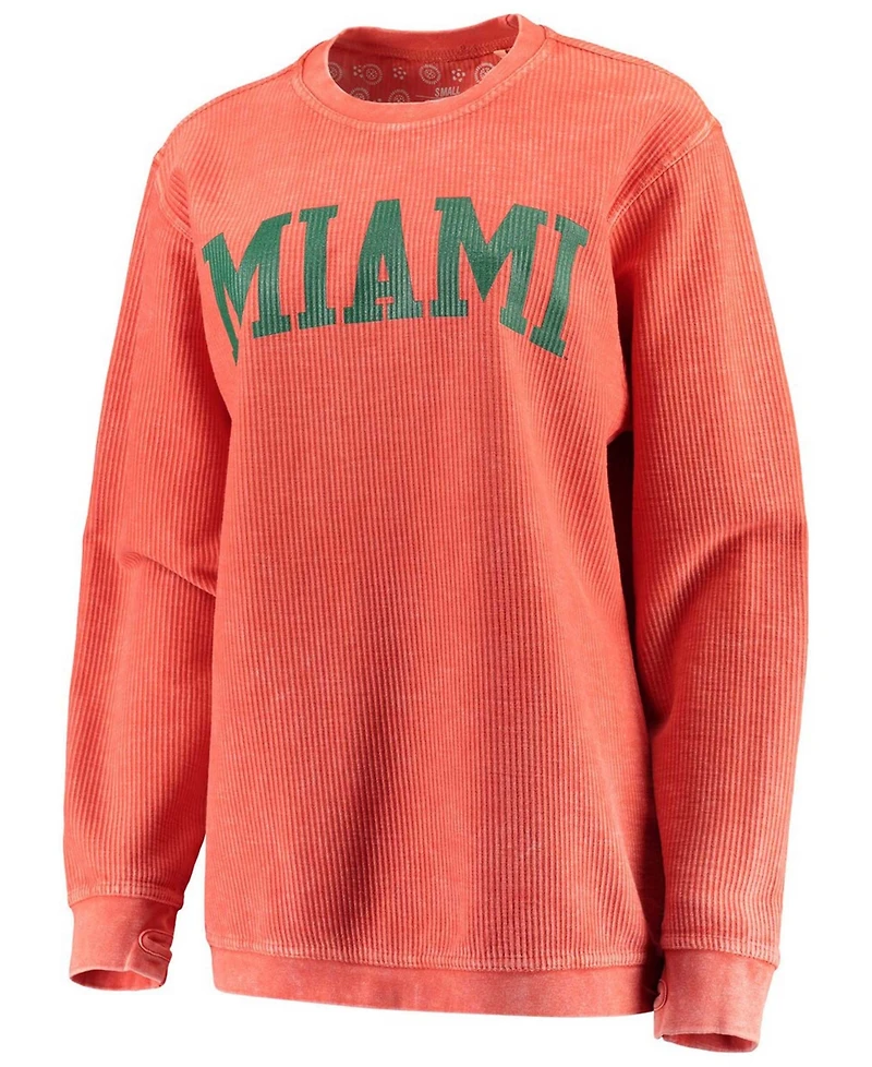 Women's Orange Miami Hurricanes Comfy Cord Vintage-Like Wash Basic Arch Pullover Sweatshirt
