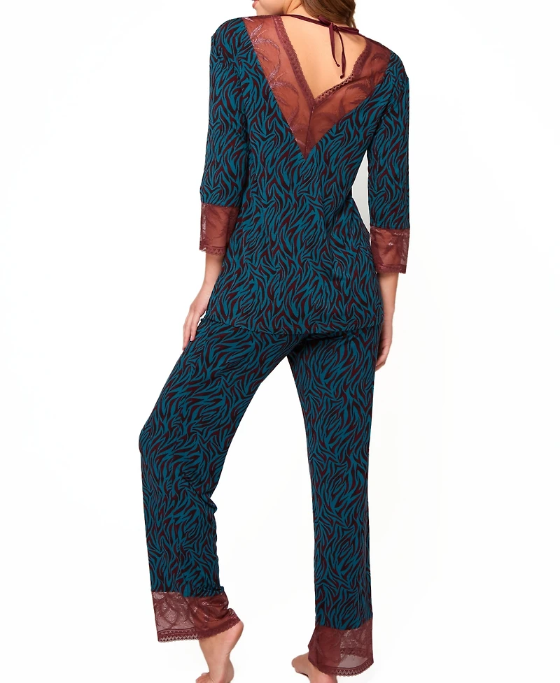Women's Zebra Patterned 2-Pieces Pajama Set with Deep V Back, Lace Detail and Bow Accent