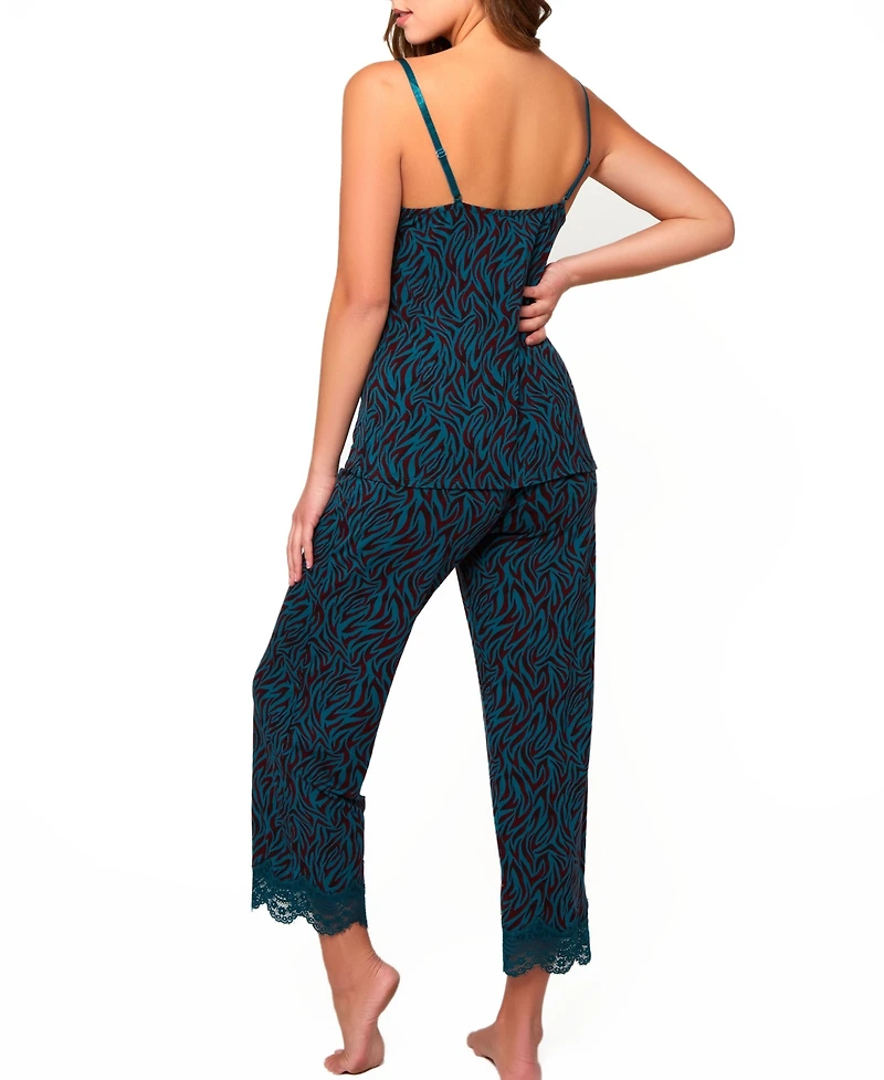 Women's Zebra Print Jersey Knit Cami and Pant Pajamas Set Trimmed in Lace
