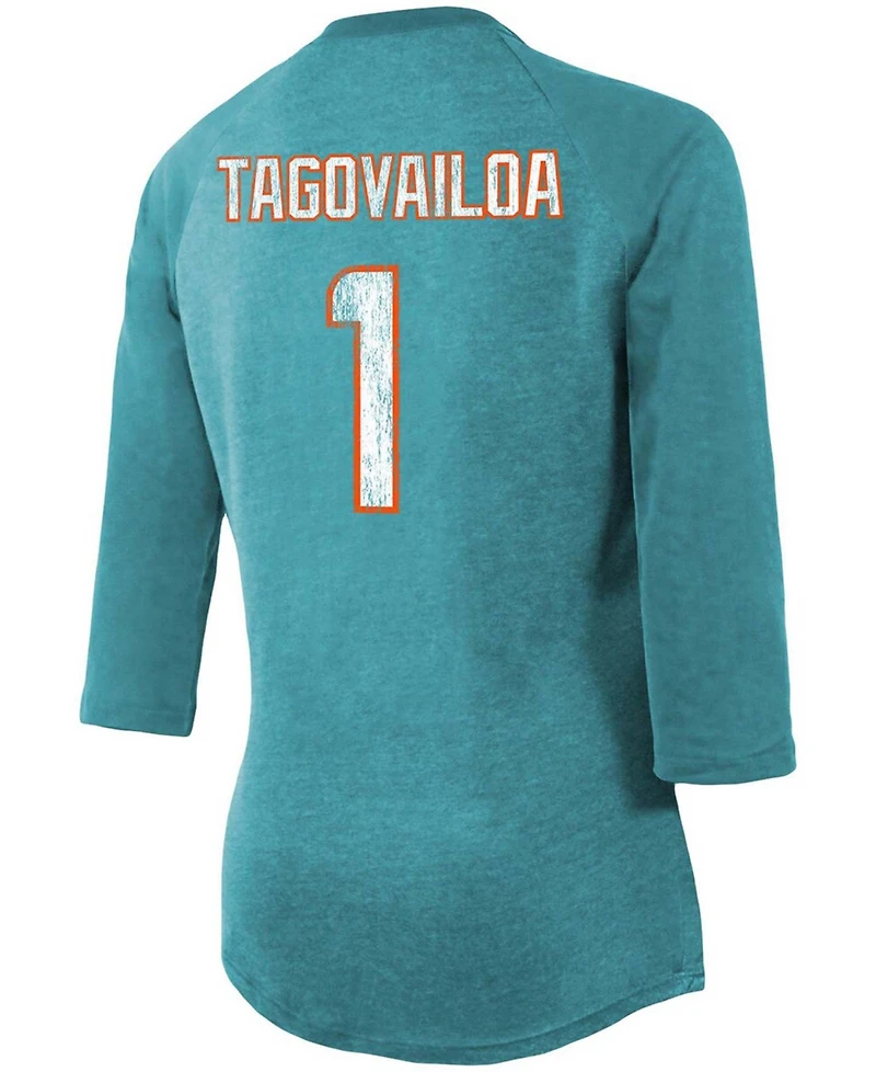 Women's Tua Tagovailoa Aqua Miami Dolphins Player Name Number Raglan 3/4 Sleeve Tri-Blend T-shirt