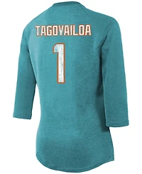 Women's Tua Tagovailoa Aqua Miami Dolphins Player Name Number Raglan 3/4 Sleeve Tri-Blend T-shirt
