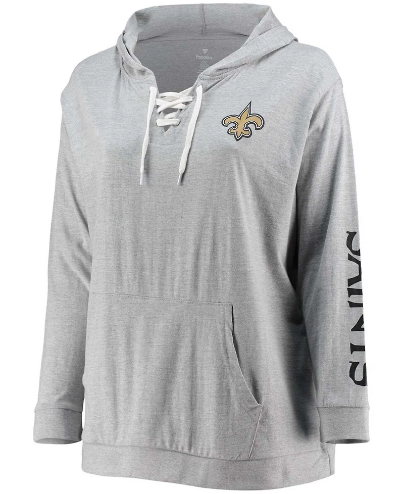 Women's Plus Heathered Gray New Orleans Saints Lace-Up Pullover Hoodie