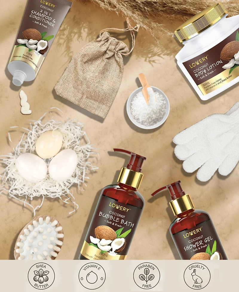 Lovery Vintage-like Clock Box Body Care Gift Set, Coconut Relaxing Home Spa Set, 13 Piece