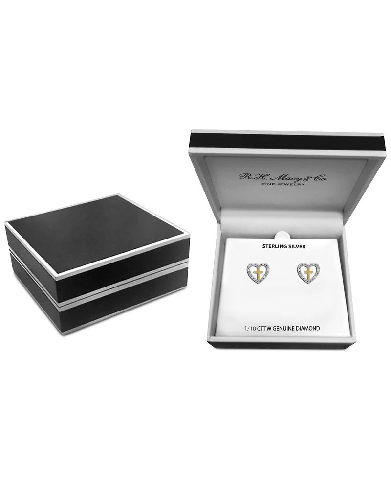 Diamond Heart & Cross Stud Earrings (1/10 ct. t.w.) in Sterling Silver & 14k Gold-Plate