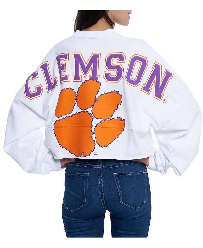 Women's White Clemson Tigers Raw Hem Cropped Long Sleeve T-shirt