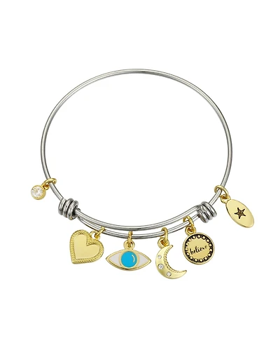 Unwritten Believe Evil Eye Adjustable Bangle Bracelet In Stainless Steel and Gold Flash Plated Charms