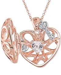White Topaz Heart Lock & Key 18" Pendant Necklace in Sterling Silver & 18k Rose Gold-Plate