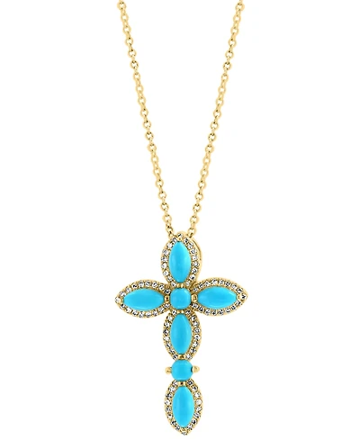 Effy Turquoise & Diamond (1/5 ct. tw.) Cross 18" Pendant Necklace in 14k Gold