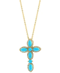 Effy Turquoise & Diamond (1/5 ct. tw.) Cross 18" Pendant Necklace in 14k Gold