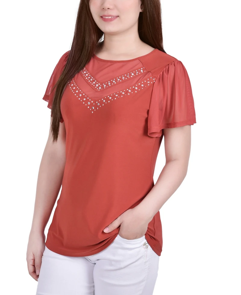 Petite Studded Short Flutter Sleeve Top