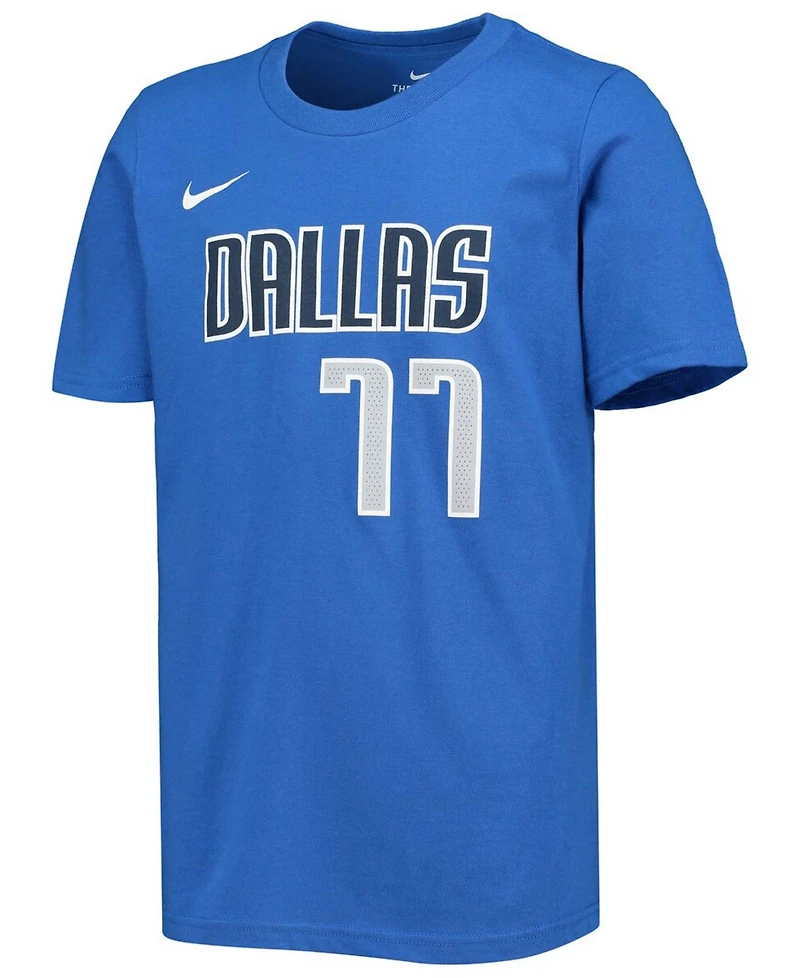 Big Boys and Girls Luka Doncic Royal Dallas Mavericks Logo Name and Number T-shirt